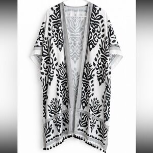 Black and White Boho Kimono | Pom Trim | Lightweight Layer